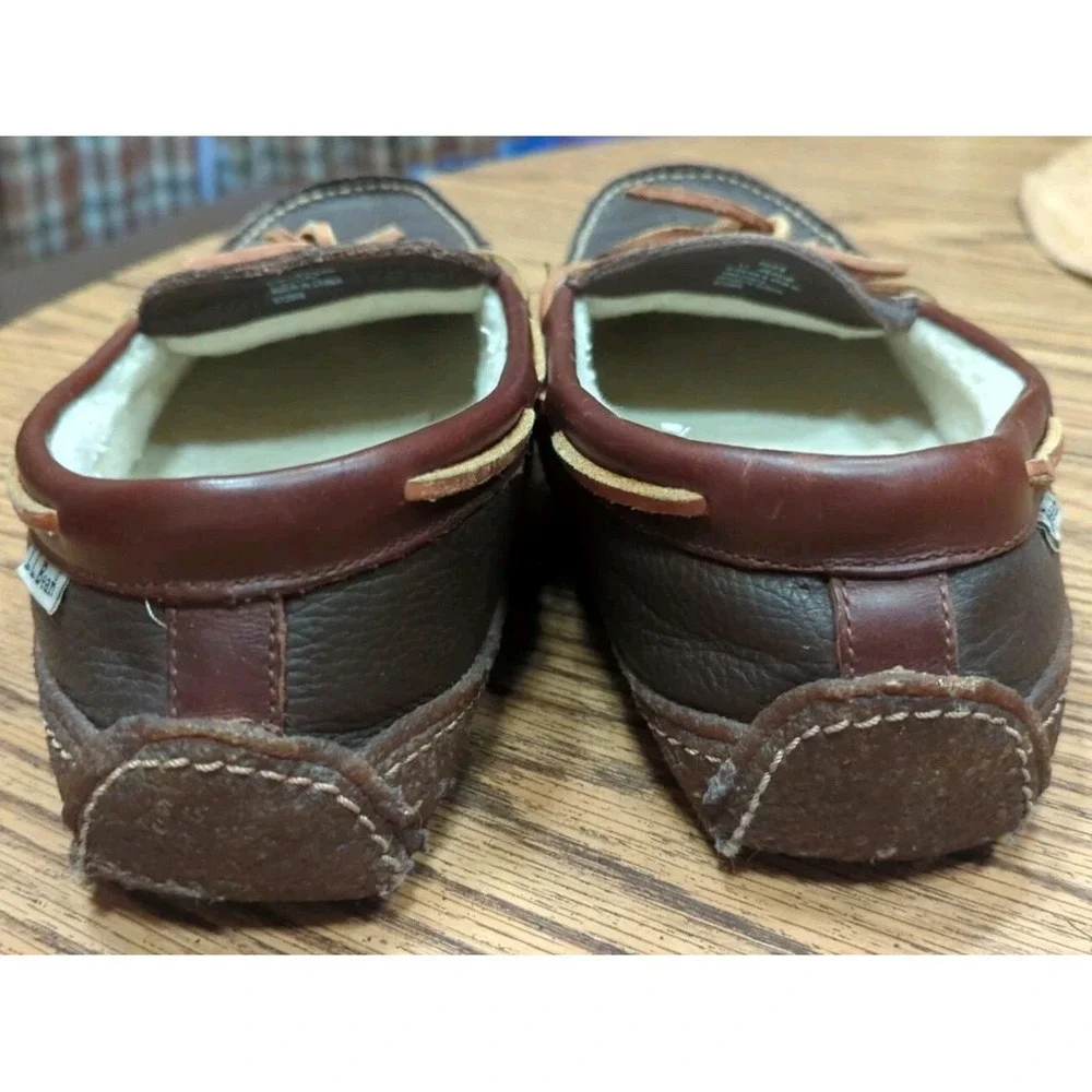 L.L. Bean Mens Moccasin Slippers Brown‎ Leather Moc Toe Bow Shearling Lined 11M